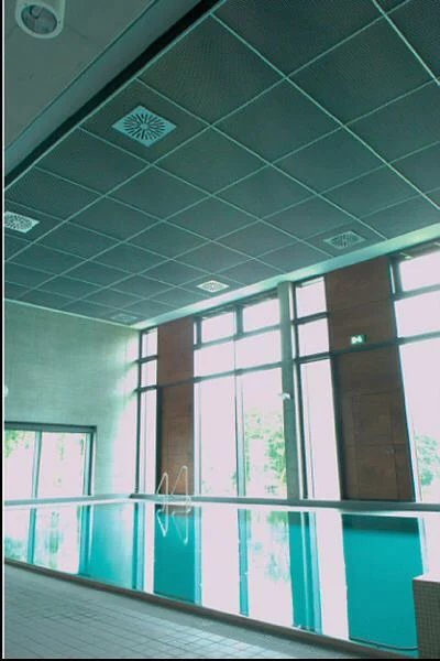 Schwimmhalle mit Streckgitterdecke über dem Becken