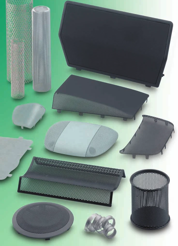 Produkte mit Streckgitter: Ventilatorgitter, Heizstrahler, Papierkorb, Filter und Gitterkörbe auf grünem Grund